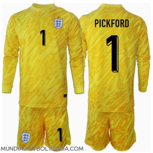 Camiseta Inglaterra Jordan Pickford #1 Portero Segunda Equipación Replica Eurocopa 2024 para niños mangas largas (+ Pantalones cortos)